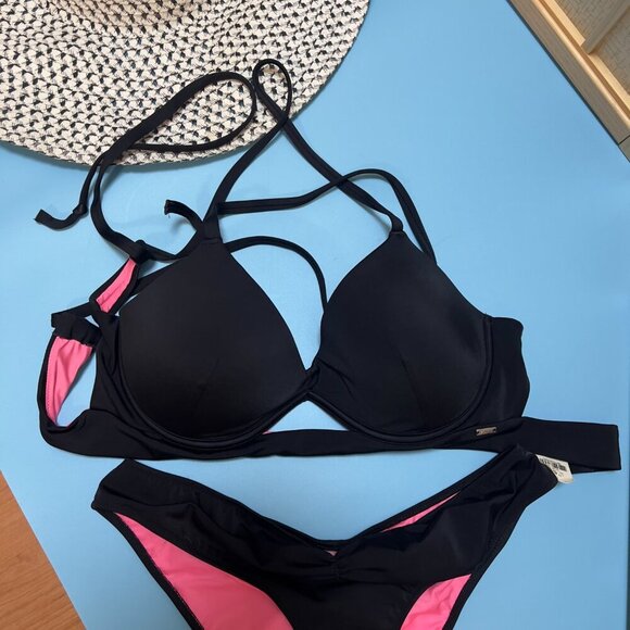 Victoria Secret Black/Pink Push Up Swimsuit Bikini Set 36C/M NEW - Picture 3 of 5